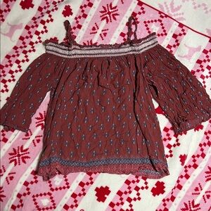 Rewind Off-Shoulder Boho Blouse - Brown and Blue